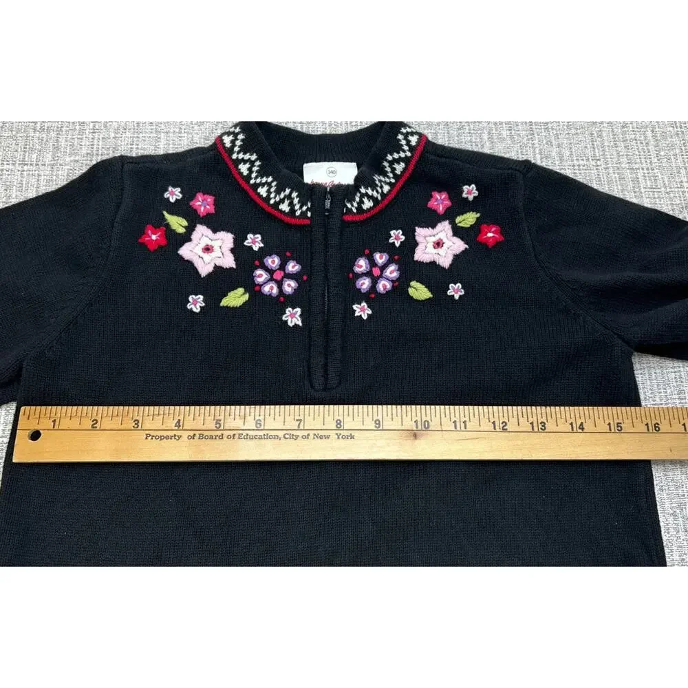 Hanna Andersson Embroidered Floral Pullover Sweater 1/4 Zip Girls 140 Nordic 10